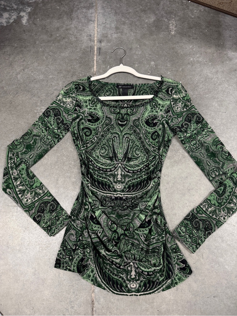 INC International Concepts Green Paisley-Print Long Sleeve Sheer Top